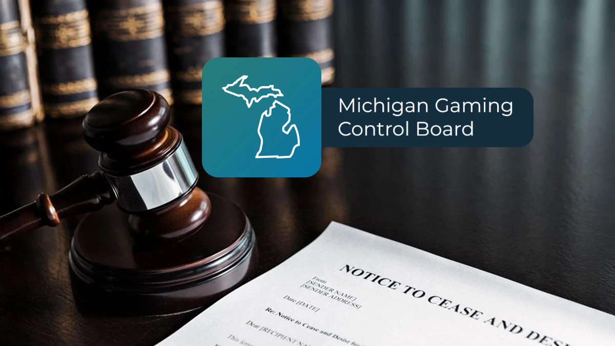 Gavel, cease and desist order, and Michigan Gaming Control Board logo on a desk