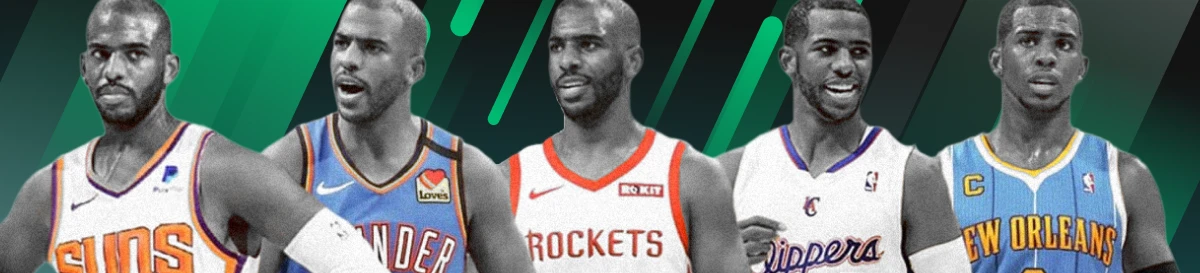 Chris Paul in jerseys from Suns, Thunder, Rockets, Clippers, and Hornets showcasing his legendary NBA journey