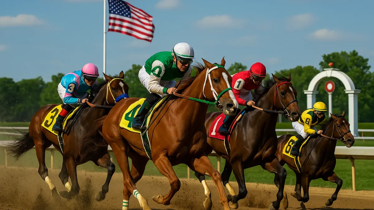 Four jockeys race on a dirt track as the US flag waves in the background