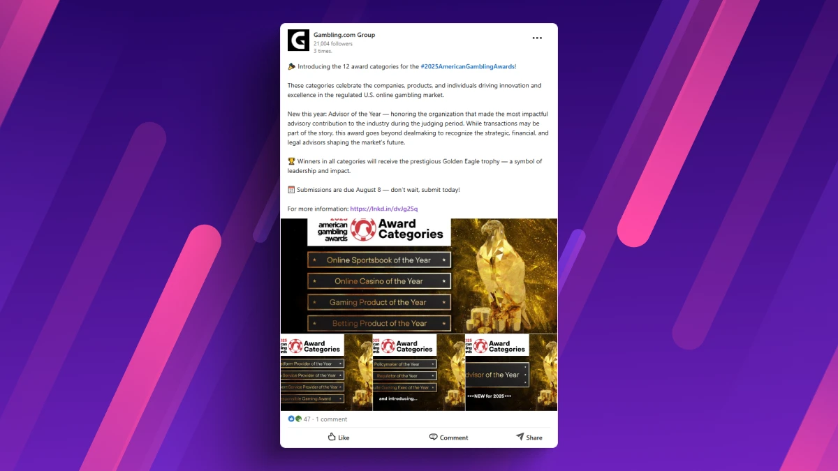 Social media announcement showcasing 2025 American Gambling Awards categories and the prestigious Golden Eagle trophy