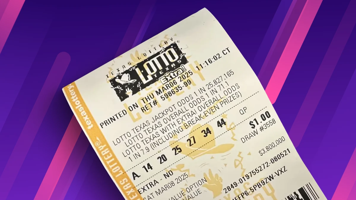 Texas Lottery ticket showing winning numbers for $83.5 million jackpot