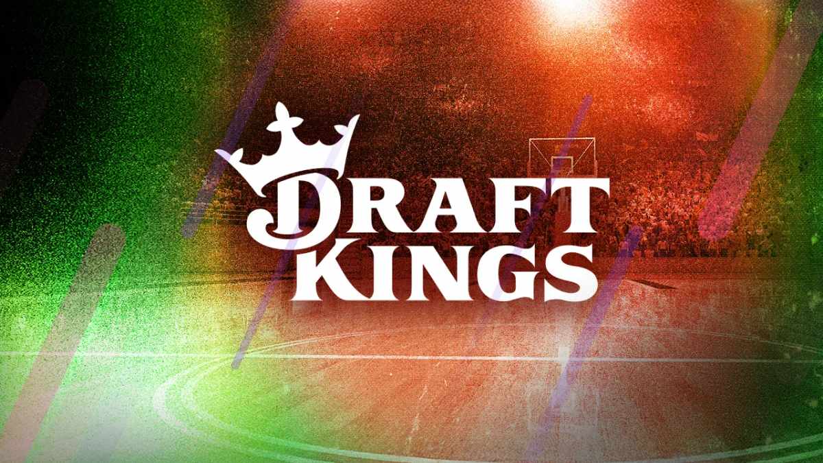DraftKings logo on a colorful basketball court background with spotlight effect