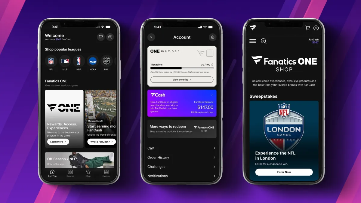 Three mobile screens showcasing Fanatics ONE loyalty program features, FanCash balance, and NFL London sweepstakes